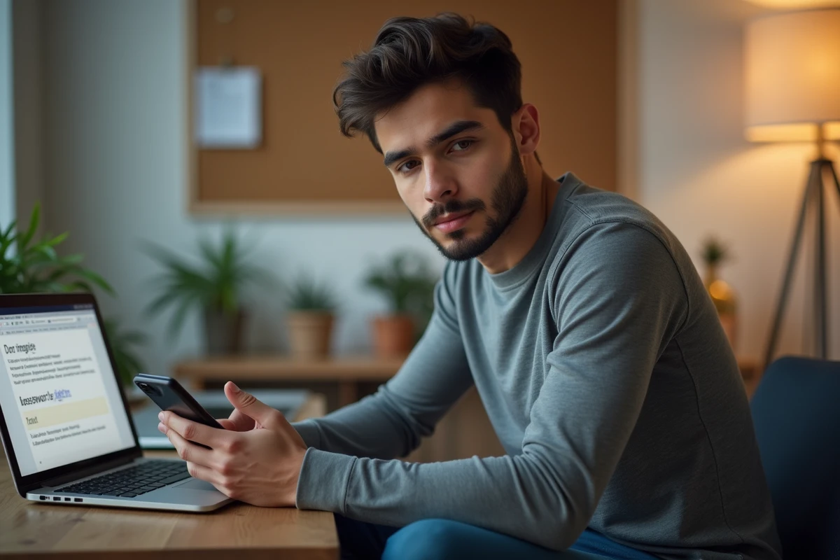 Jeune homme utilisant smartphone et ordinateur pour reinitialiser mot de passe