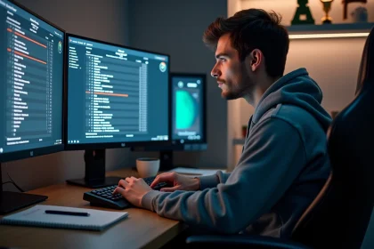 Jeune homme concentré devant un ordinateur avec serveur FiveM