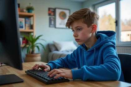 Jeune garçon concentré tapant sur clavier mécanique dans sa chambre