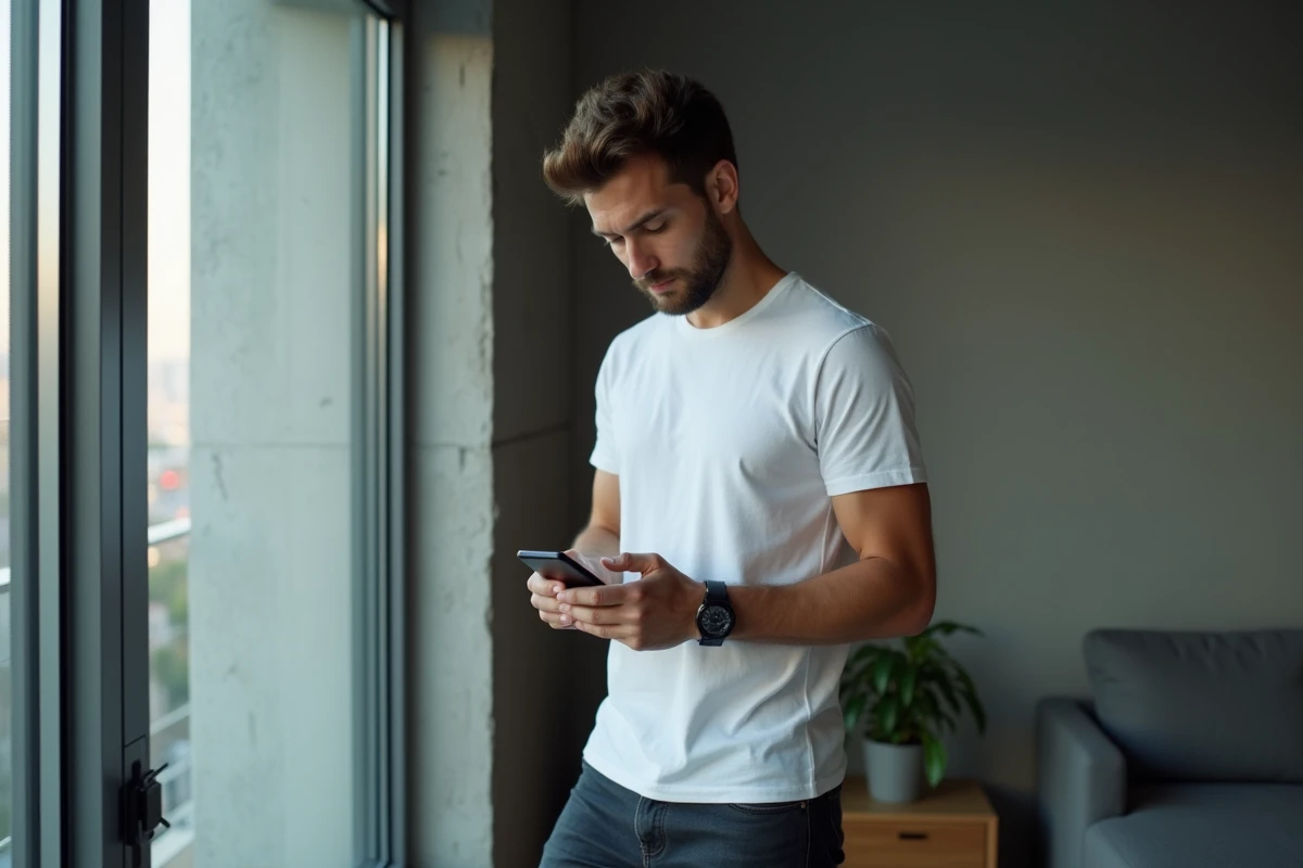Jeune homme consultant son téléphone portable pour récupérer un mot de passe oublié via email