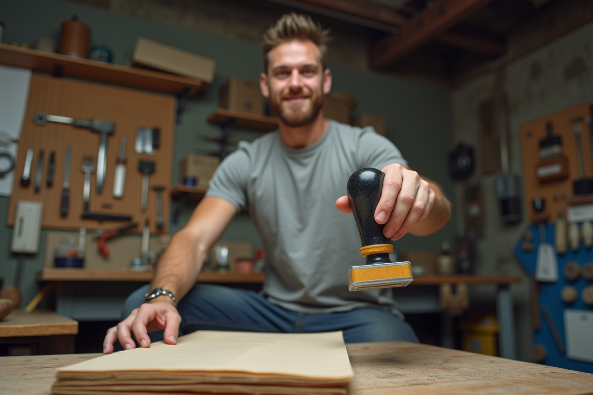 Jeune homme montrant un tampon fait maison dans son atelier