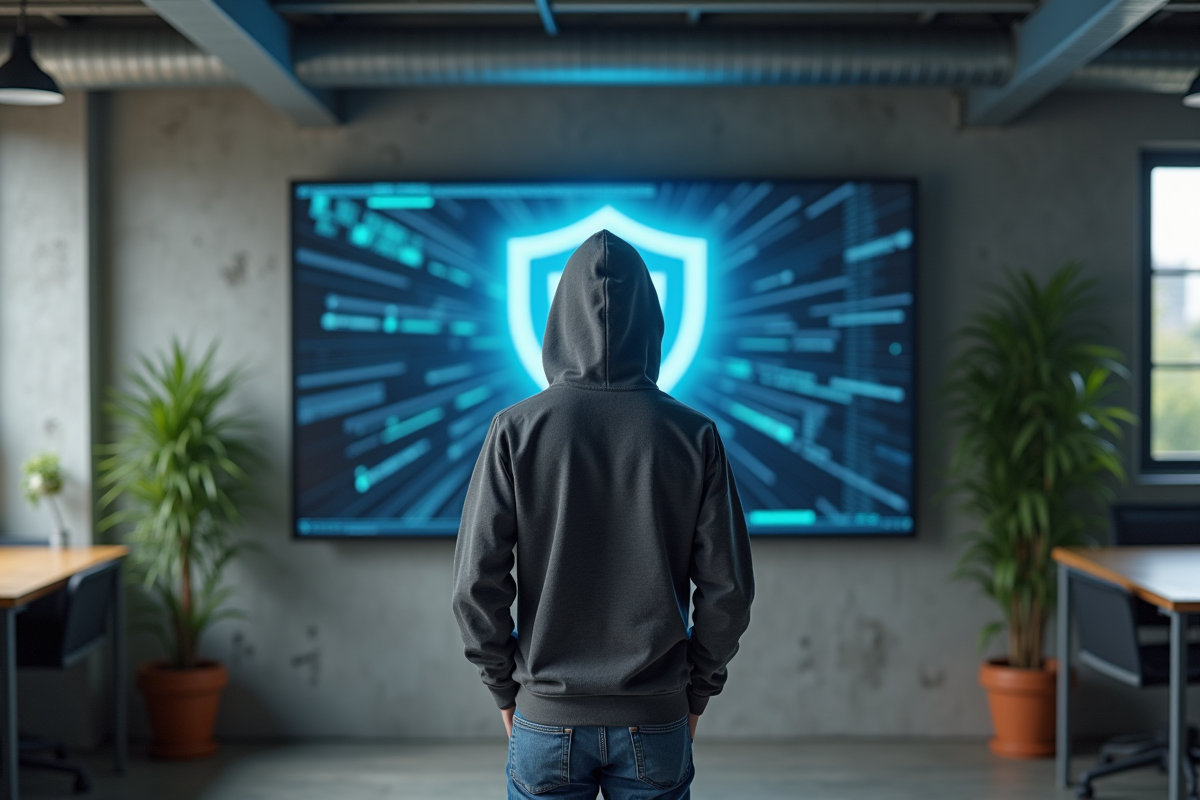 Jeune homme observant un verrou digital sur un écran