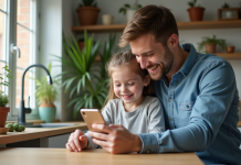 Jeune homme en casual mesure sa fille avec une app