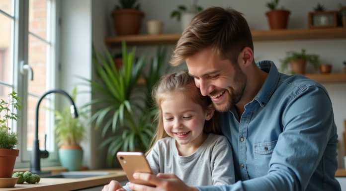 Jeune homme en casual mesure sa fille avec une app