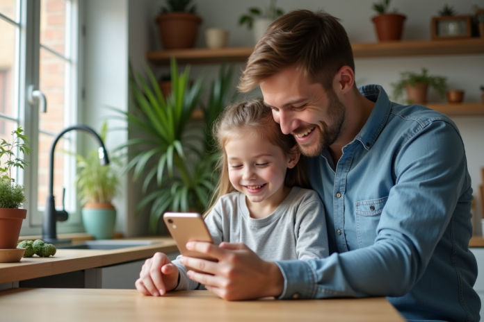 Jeune homme en casual mesure sa fille avec une app