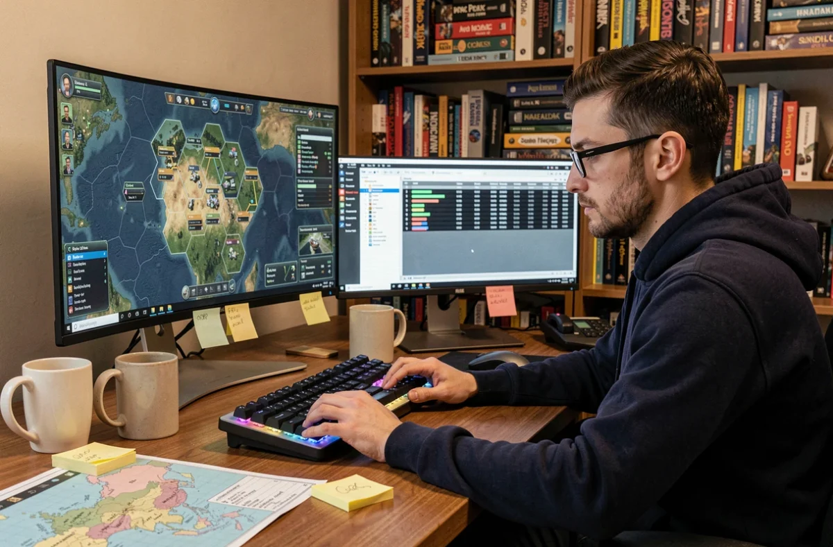 Homme concentré jouant à un jeu de stratégie PC longue durée sur un bureau encombré de notes et de cartes