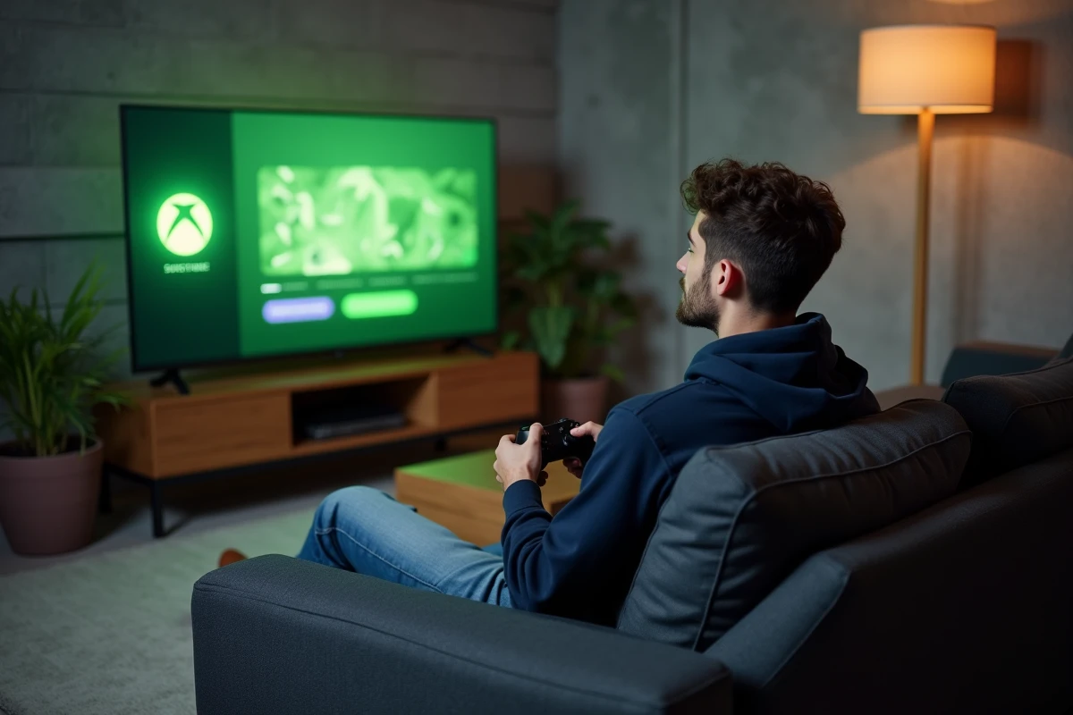 Jeune homme jouant sur Xbox dans un salon moderne avec le menu Xbox Game Pass affiché sur l'écran
