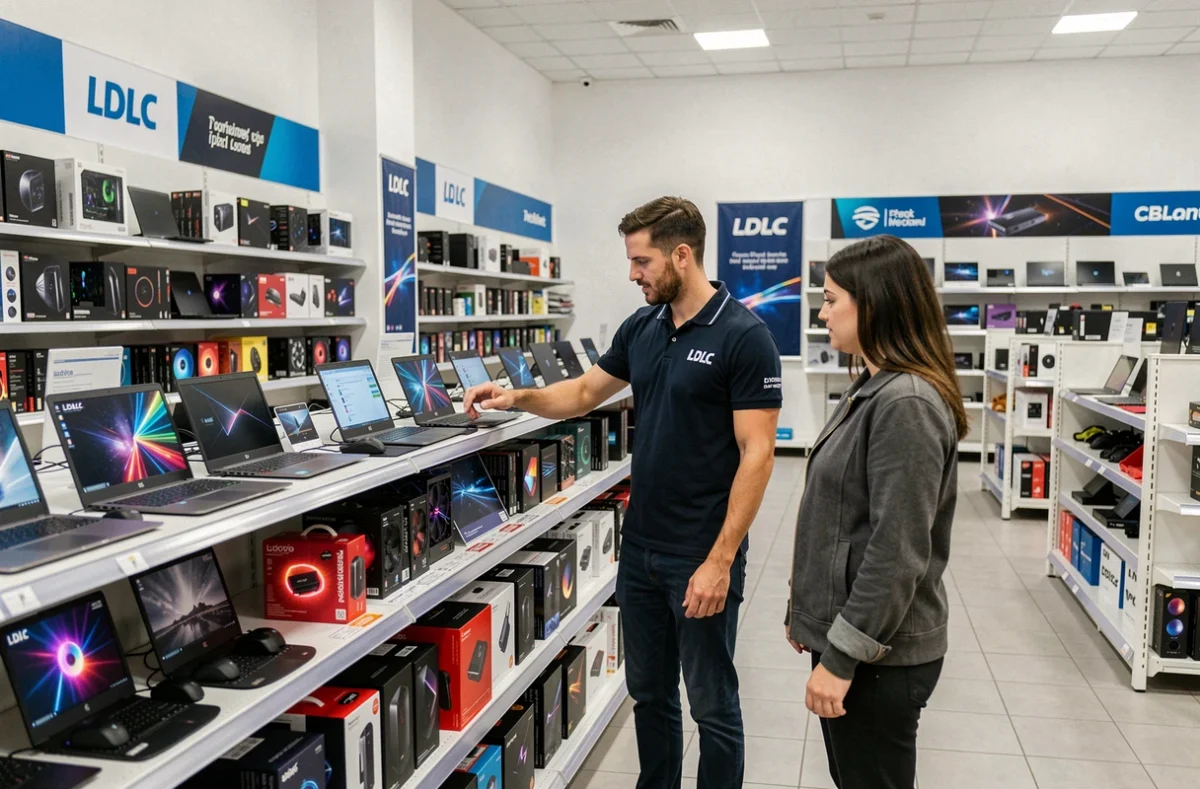 Intérieur du magasin LDLC Lyon avec des rayons d'informatique et un vendeur conseillant un client