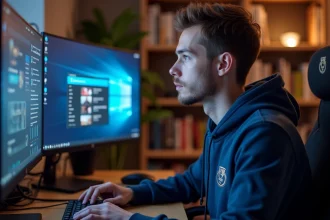 Joueur connectant son compte Pripe Gaming à Twitch sur un double écran dans un bureau gaming à domicile