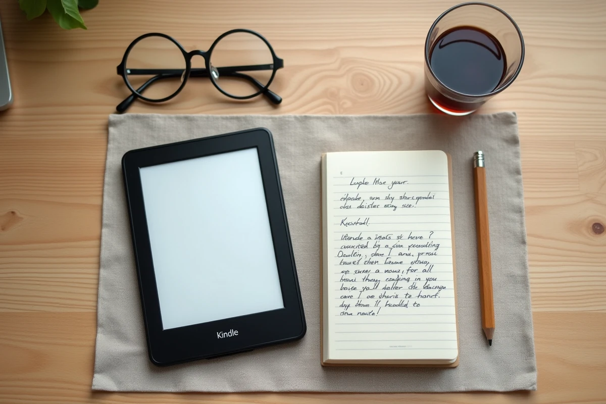 Vue du dessus d'une liseuse Kindle et d'un smartphone affichant les paramètres de compatibilité Kindle sur une table en bois