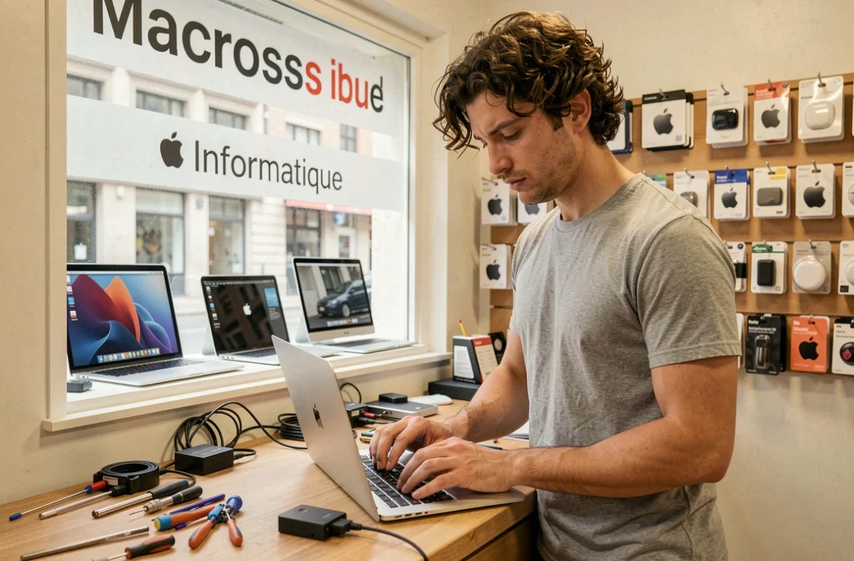Technicien de Macross Informatique à Lyon réparant un MacBook dans son atelier spécialisé Apple