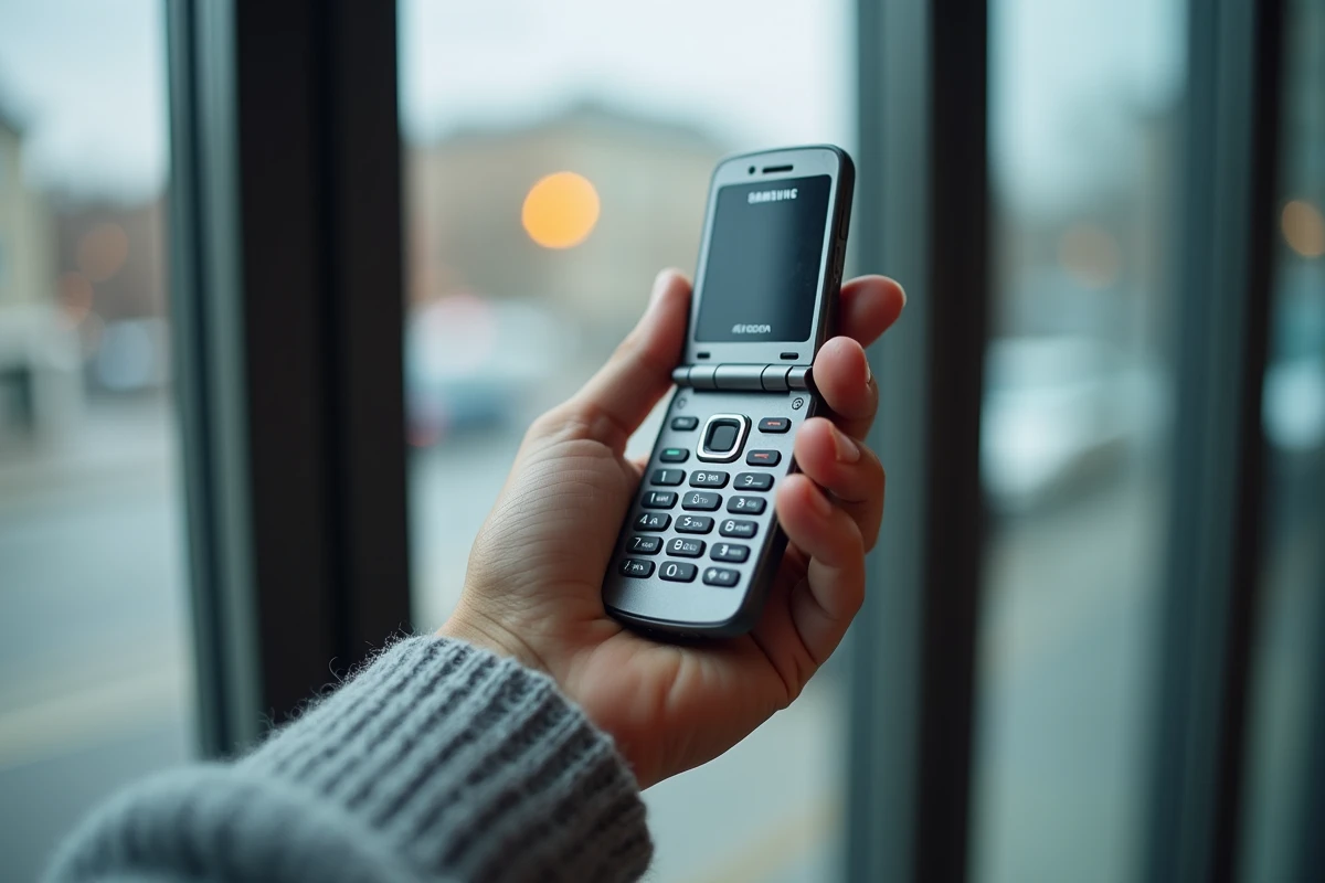 Main masculine tenant un Samsung E250 ouvert avec écran et clavier numérique visibles