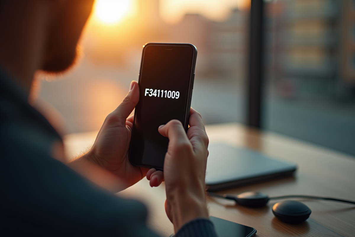Mains d une personne inquiète tenant un smartphone avec le code F34111009