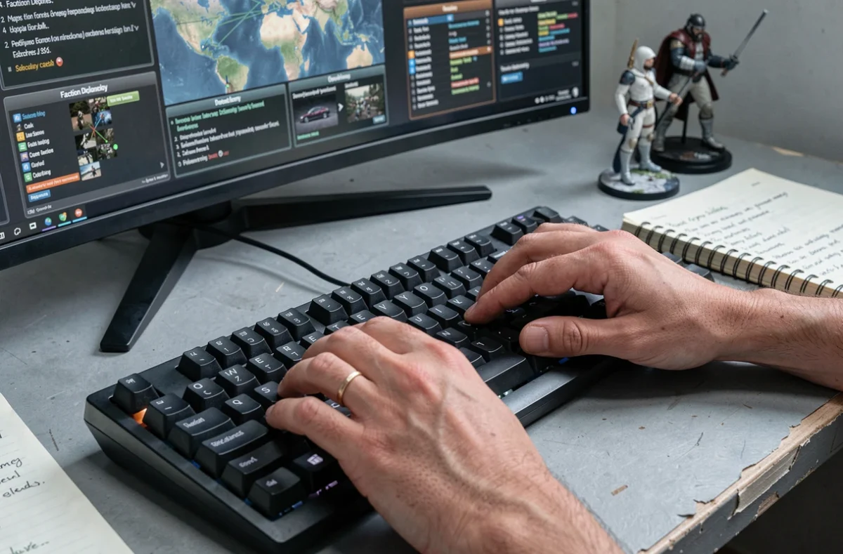 Gros plan de mains sur clavier mécanique devant des écrans affichant un jeu de stratégie PC complexe