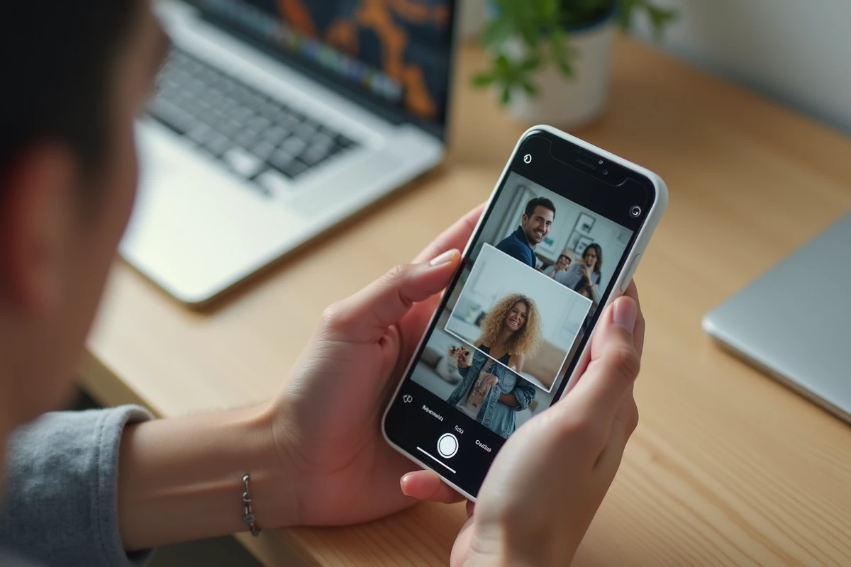 Mains tenant un smartphone affichant une interface d'envoi de photo depuis un bureau à domicile