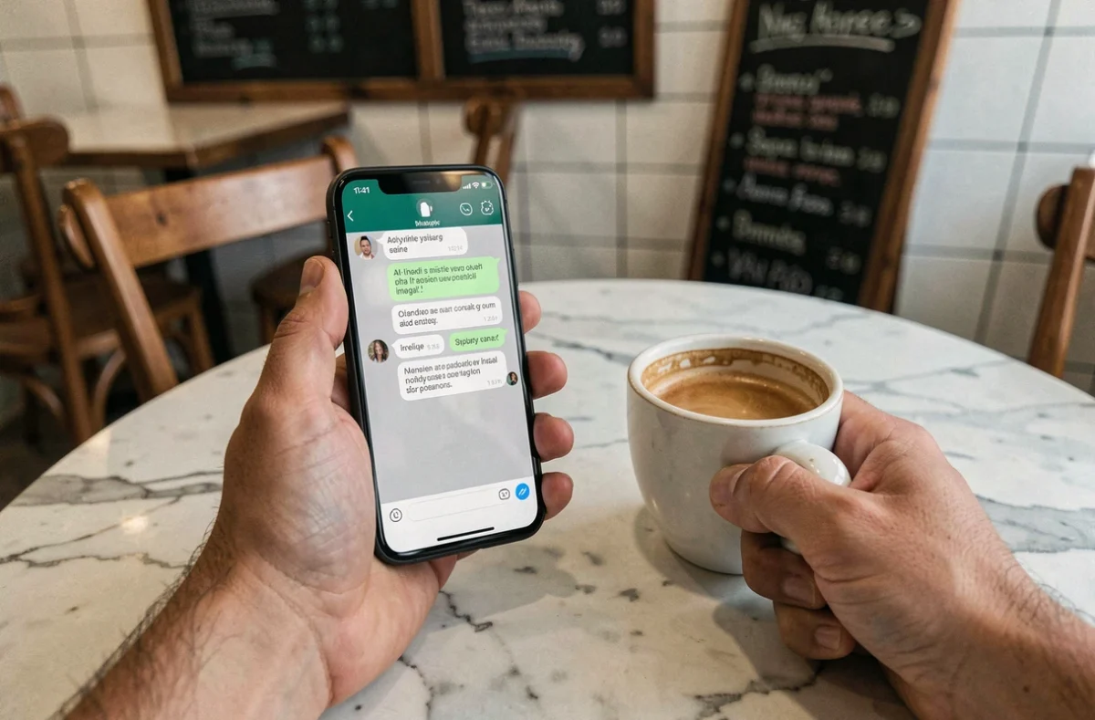 Mains tenant un smartphone avec une conversation WhatsApp alimentée par ChatGPT dans un café