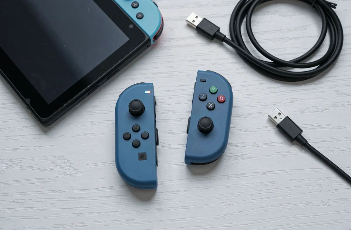 Vue de dessus d'une manette Joy-Con Nintendo Switch avec voyant LED visible posée sur un bureau blanc, accompagnée d'un câble USB-C