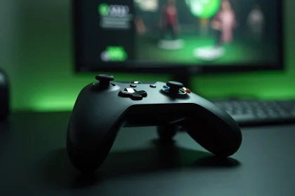 Manette Xbox posée sur un bureau sombre avec l'interface Xbox Game Pass visible en arrière-plan flou