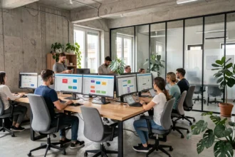 Vue d'ensemble d'un studio de webdesign moderne dans les Bouches-du-Rhône avec des professionnels travaillant sur des interfaces numériques