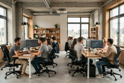 Équipe de développeurs logiciels travaillant dans un studio moderne des Pays de la Loire