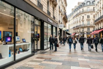 Vue d'une rue commerçante de Lyon avec des magasins d'informatique et d'électronique en vitrine