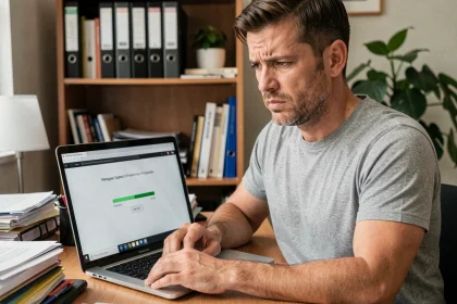 Homme frustré devant un ordinateur portable avec une mise à jour OpenOffice bloquée sur une barre de progression figée