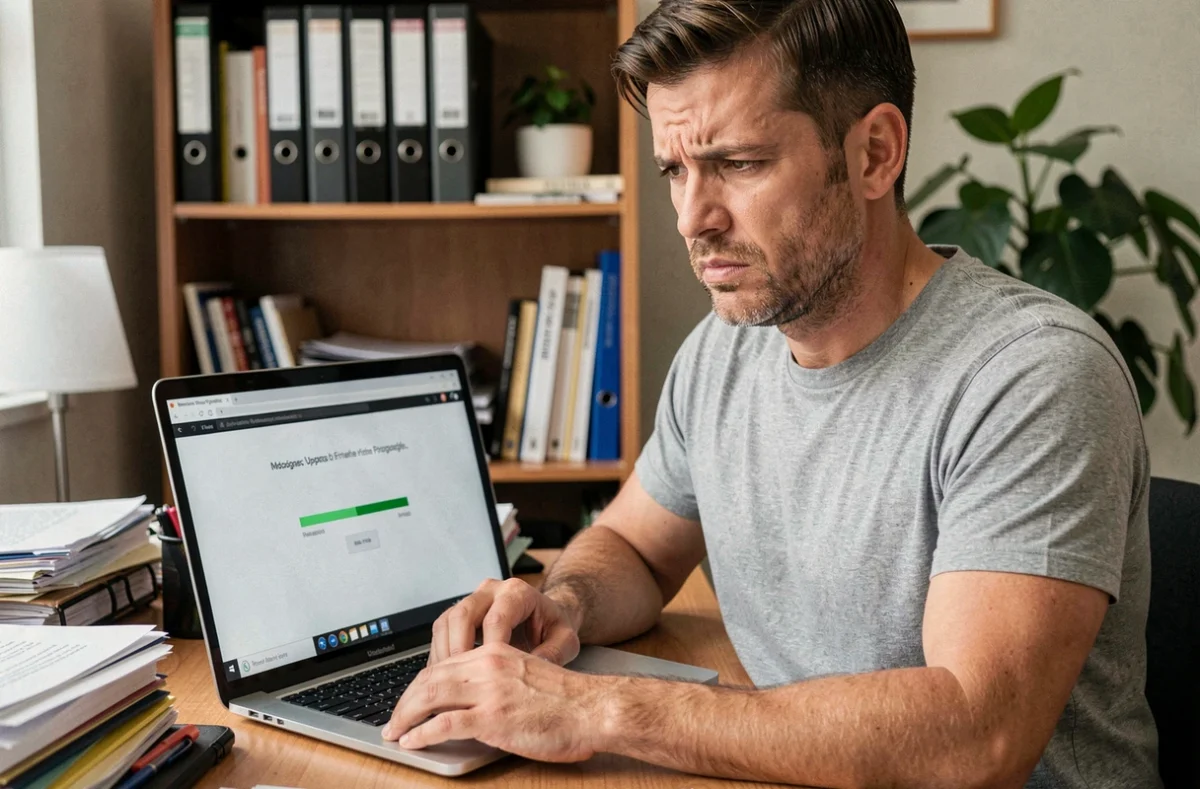 Homme frustré devant un ordinateur portable avec une mise à jour OpenOffice bloquée sur une barre de progression figée