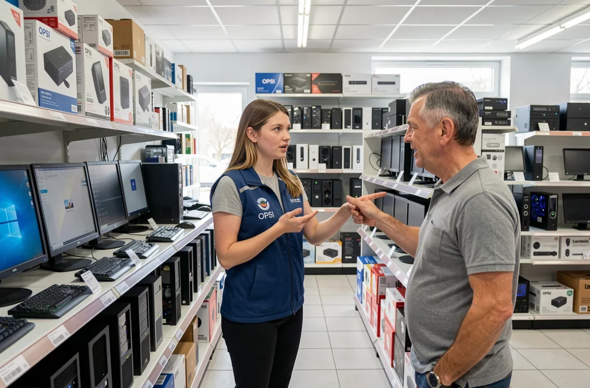 Employée du magasin OPSI conseillant un client devant des ordinateurs de bureau en exposition