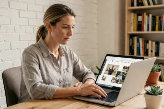 Femme optimisant des photos pour un blog sur son ordinateur portable dans un bureau à domicile