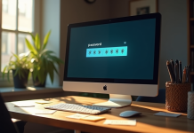 Ordinateur de bureau moderne avec écran affichant un mot de passe