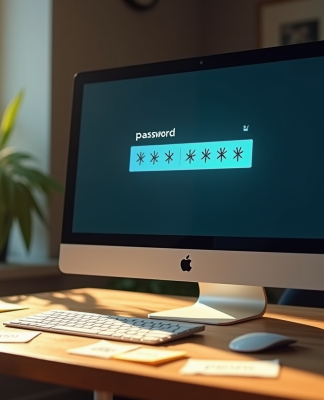 Ordinateur de bureau moderne avec écran affichant un mot de passe