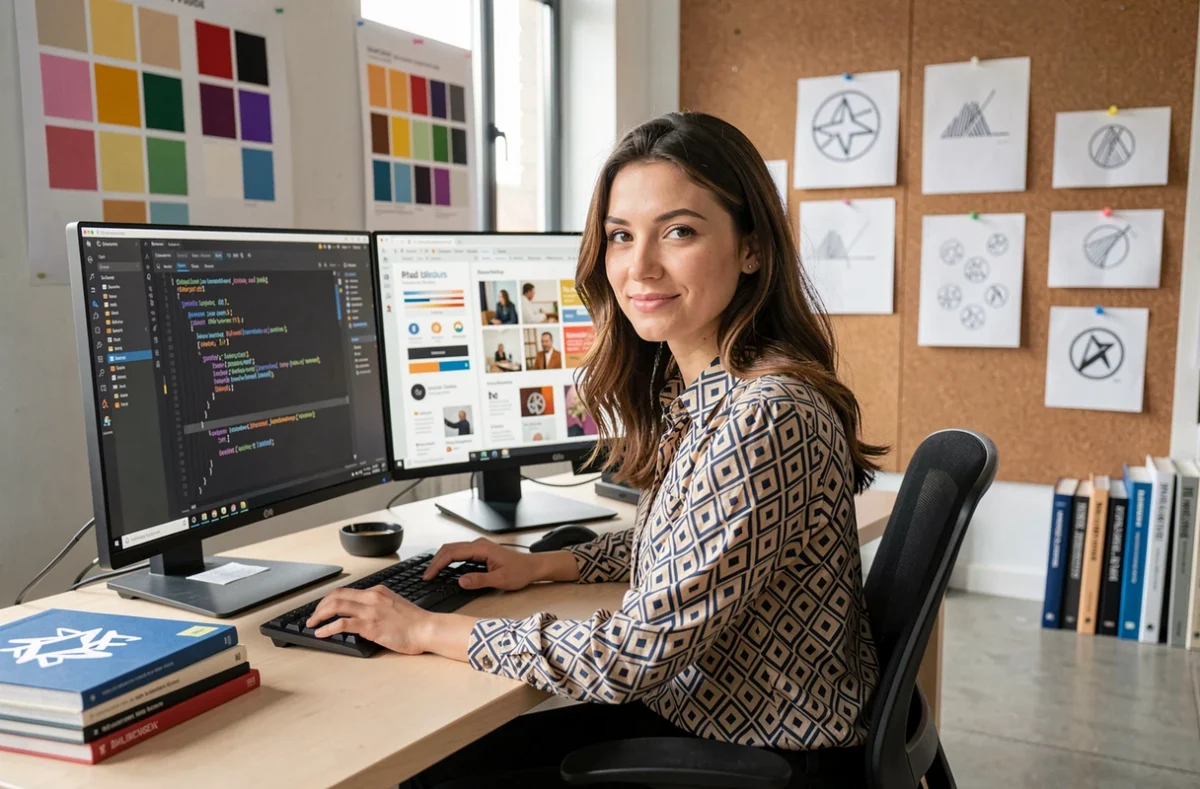 Créatrice d'Orora Studio travaillant simultanément sur du code et une identité visuelle de marque