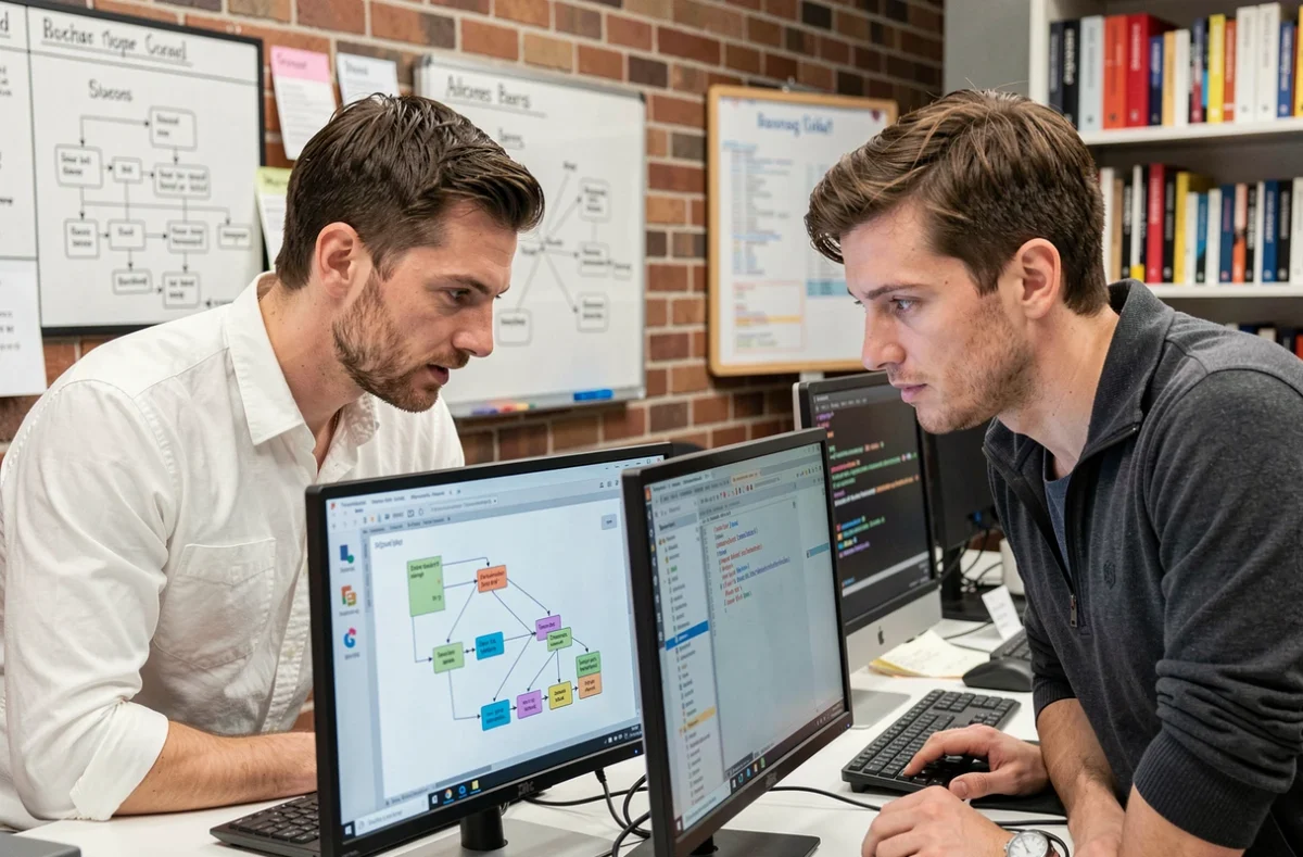 Deux développeurs en session de pair-programming autour de modules Python dans un incubateur de startups