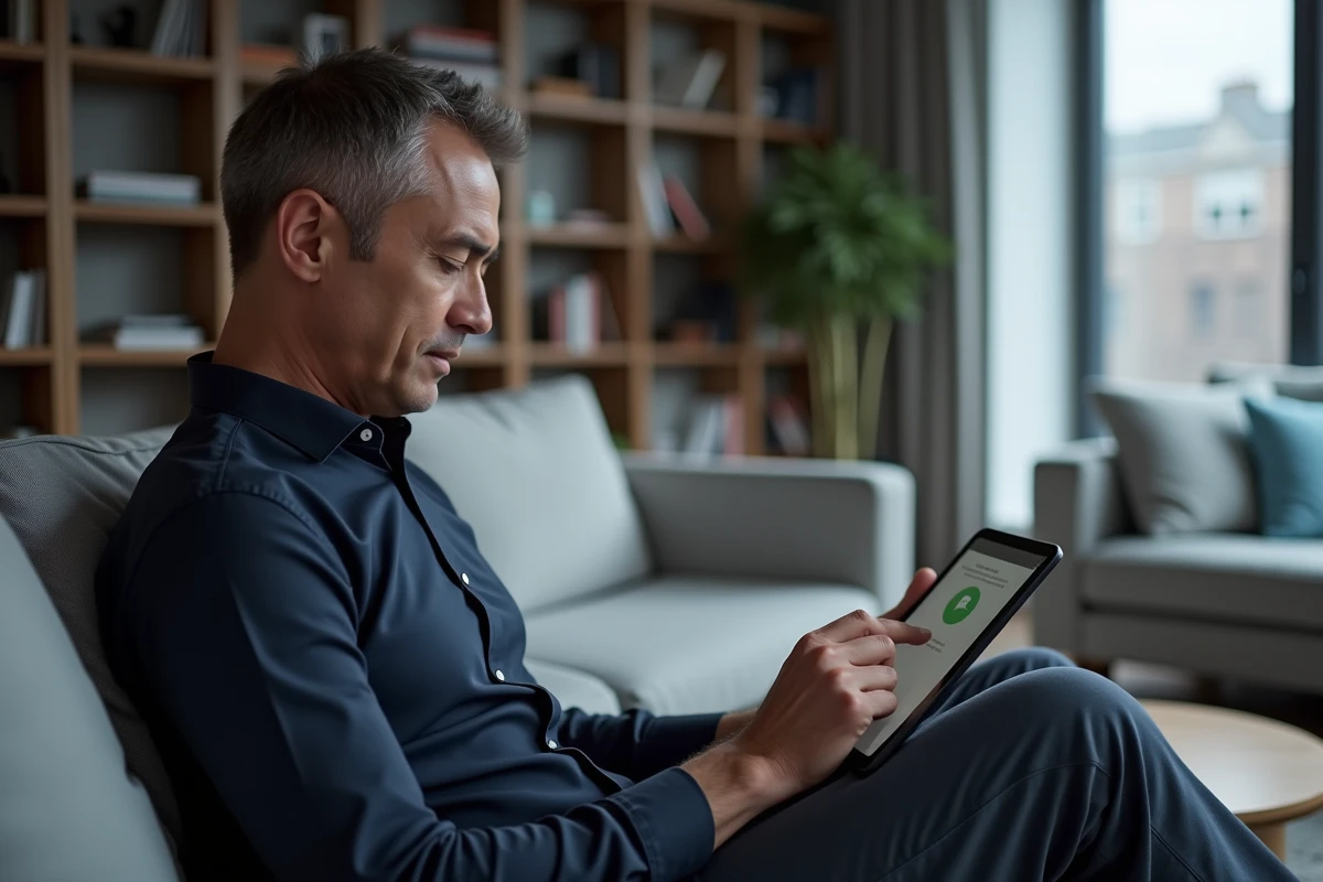 Homme paramétrant la sauvegarde Google Photos sur tablette dans un salon contemporain