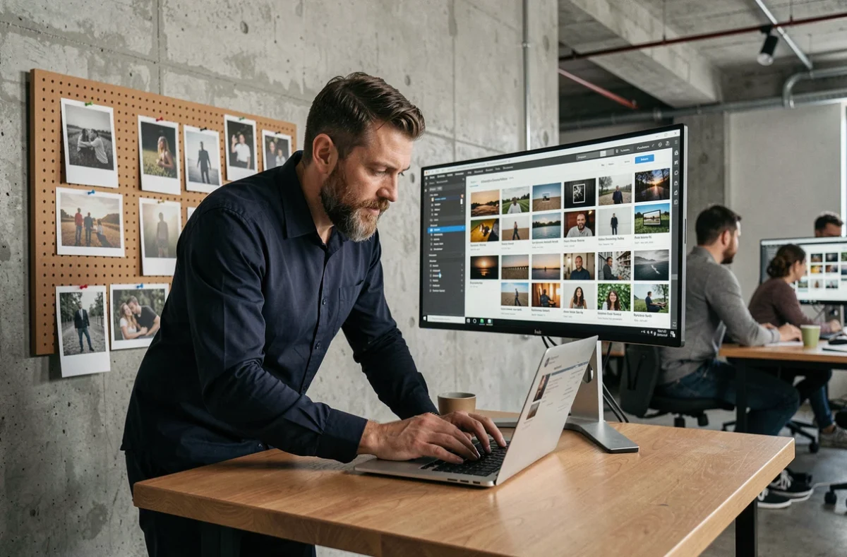 Homme vérifiant les paramètres d'optimisation d'images sur un double écran dans un studio créatif