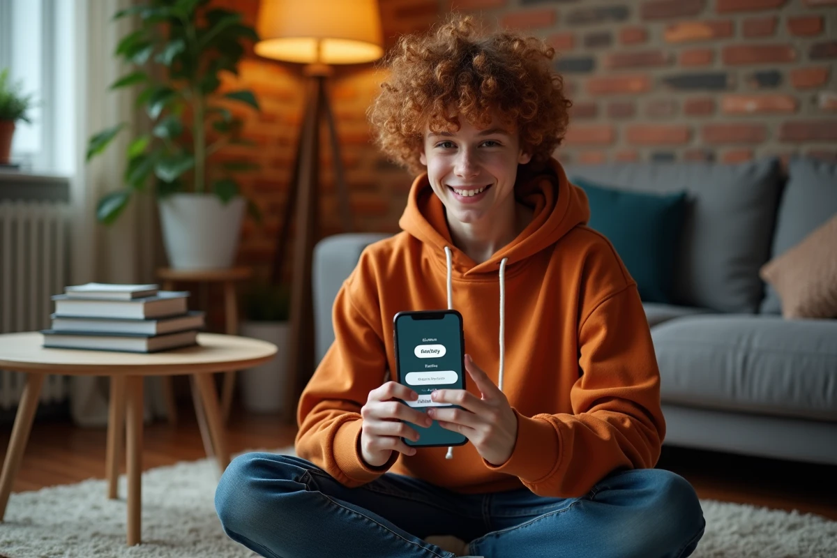 Jeune personne utilisant une application de conversion Go en Mo sur smartphone dans un salon cosy