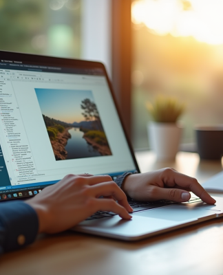 Personne tapant sur un ordinateur portable avec un éditeur de texte collaboratif
