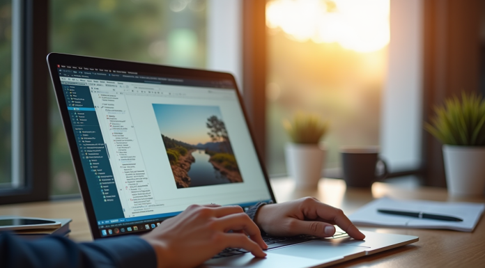 Personne tapant sur un ordinateur portable avec un éditeur de texte collaboratif