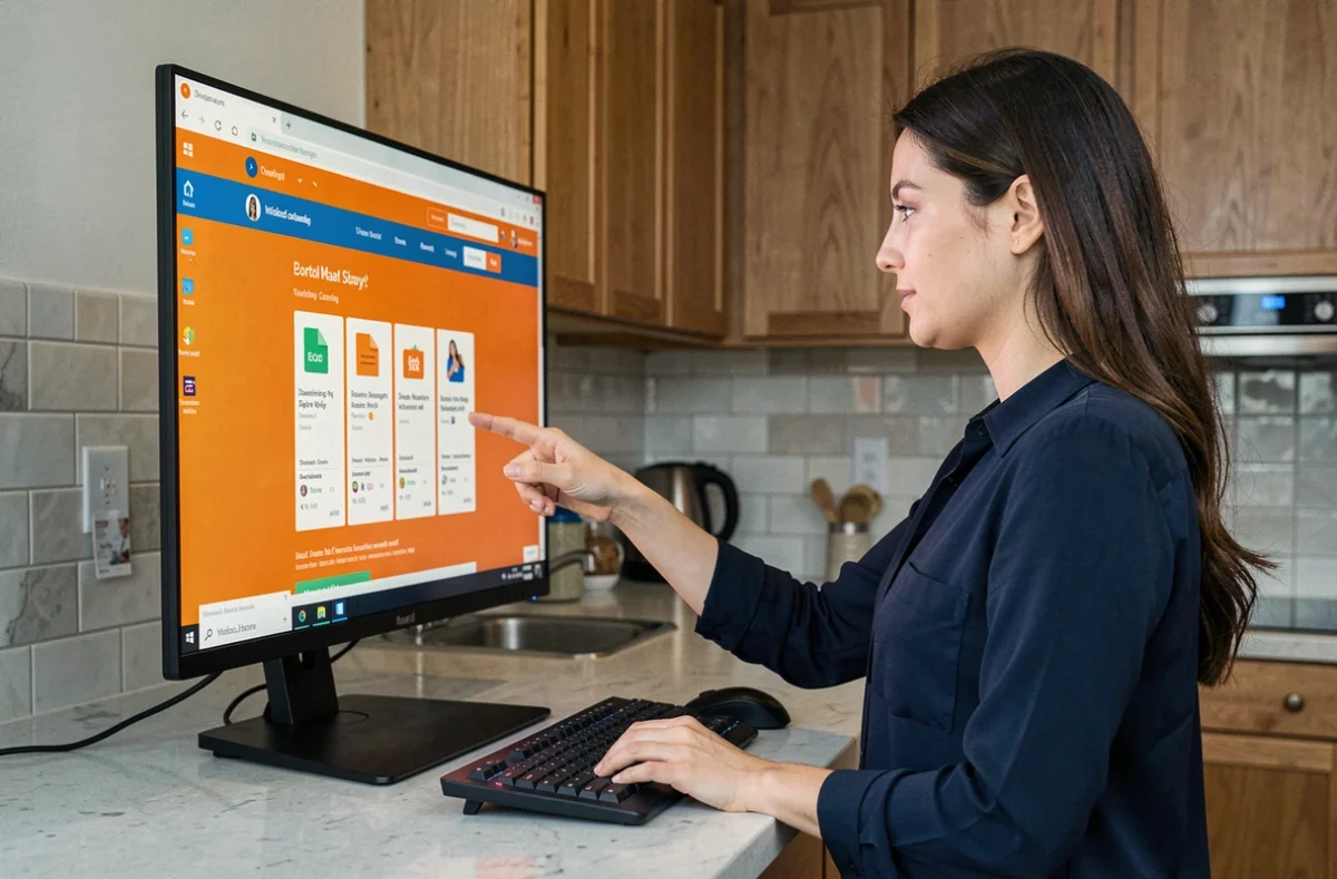 Femme téléchargeant le portail Orange sur un PC Windows 11 dans une cuisine moderne