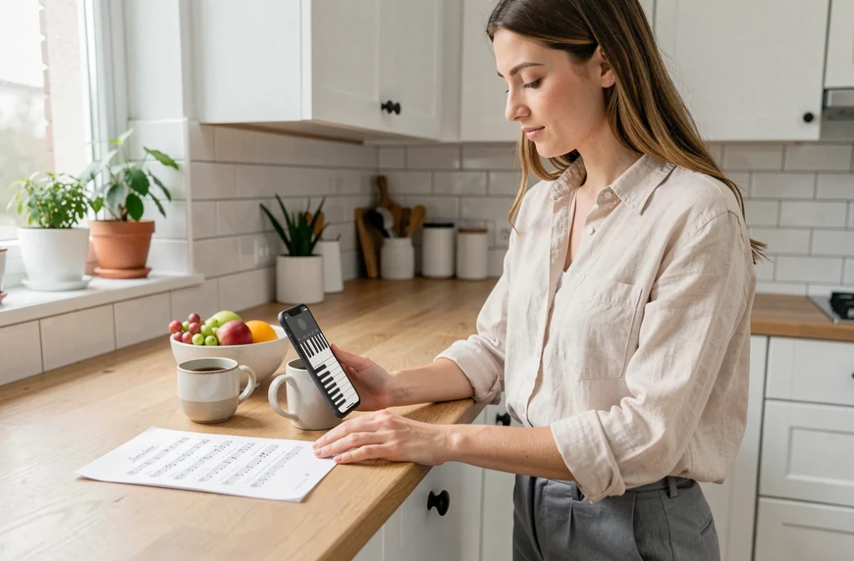 Femme utilisant une application de piano virtuel sur smartphone pour pratiquer ses gammes dans sa cuisine