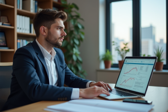 Jeune homme professionnel analysant des diagrammes sur son ordinateur