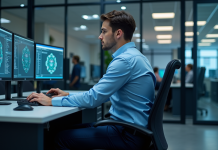 Virtualisation : pourquoi est-elle essentielle pour votre infrastructure informatique ? Jeune homme en informatique travaillant sur plusieurs écrans dans un bureau moderne