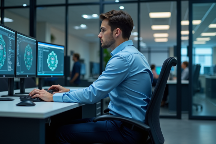 Jeune homme en informatique travaillant sur plusieurs écrans dans un bureau moderne