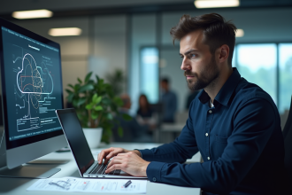 Homme IT concentré devant un ordinateur avec diagrammes cloud