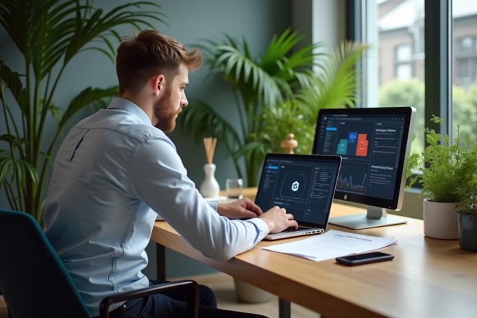 professionnel-it-kubernetes Jeune homme IT travaillant sur un dashboard Kubernetes