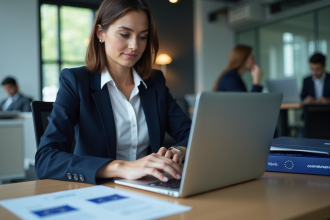 Femme professionnelle IT en bureau moderne avec ordinateur et documents
