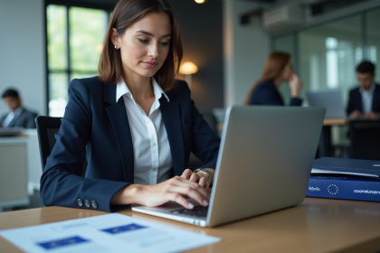 Femme professionnelle IT en bureau moderne avec ordinateur et documents