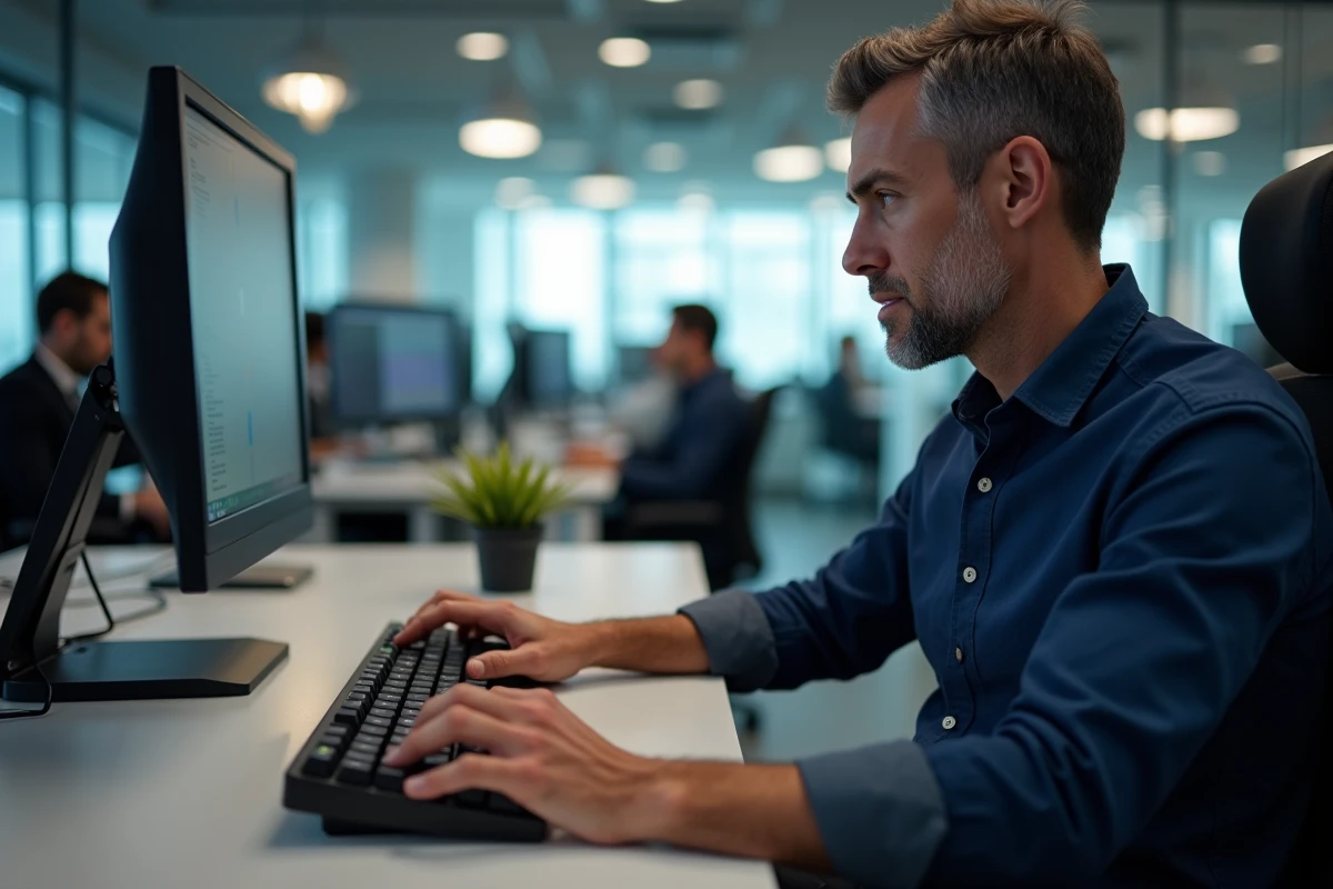 Homme en bureau professionnel utilisant les raccourcis flèches sur un clavier mécanique Windows