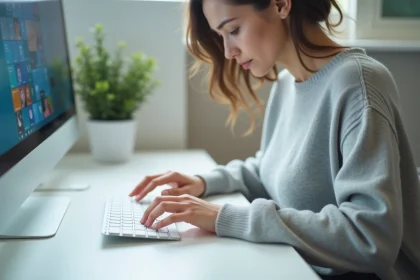 Femme utilisant les touches flèches d'un clavier Windows dans un bureau minimaliste
