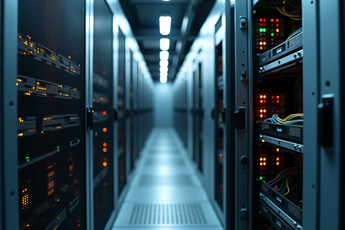 Rack de serveurs dans une salle informatique professionnelle avec des voyants LED clignotants, illustrant l'infrastructure d'un hébergeur web